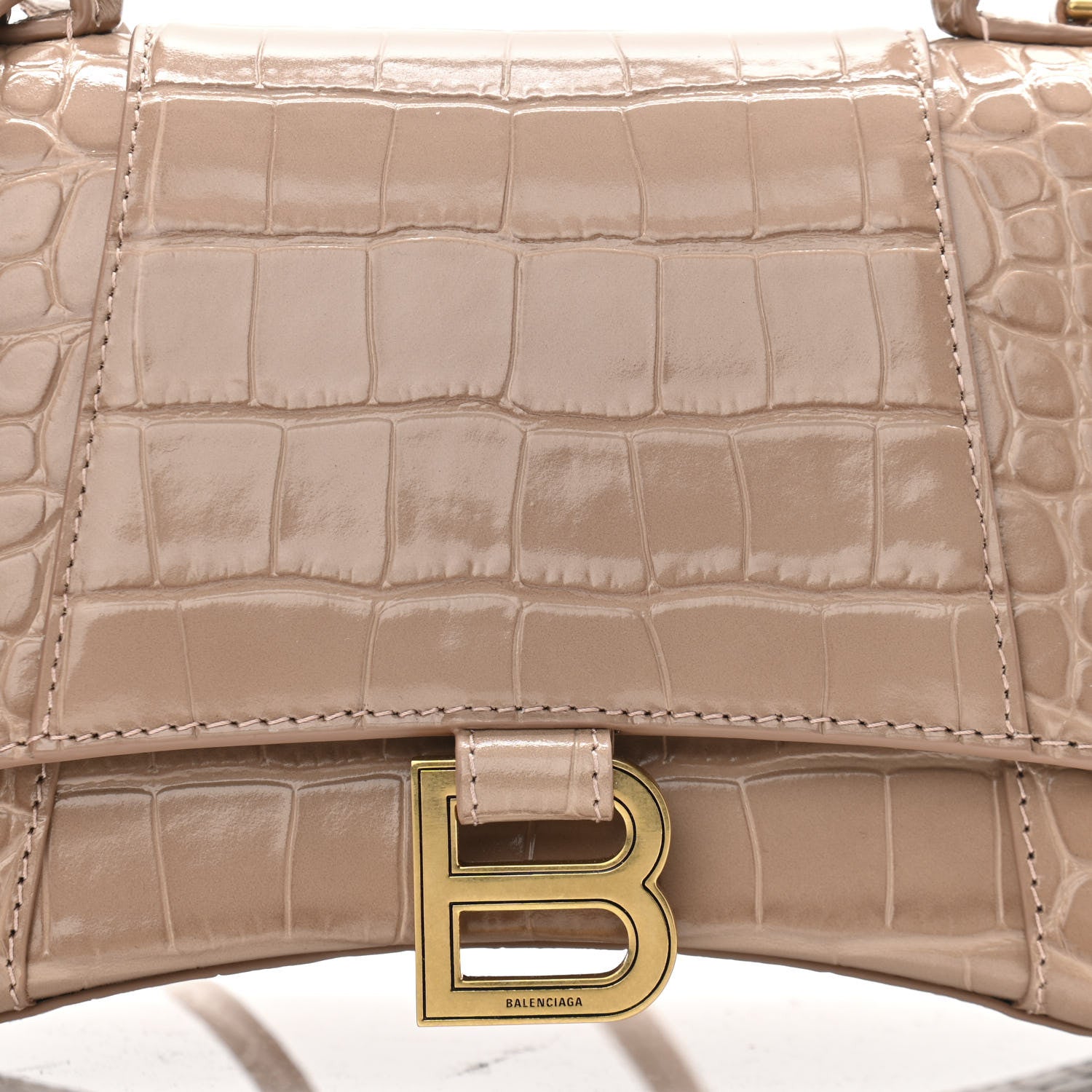 Balenciaga Shiny Calfskin Crocodile Embossed Small Hourglass Top Handle Bag Nude Beige 8 of 10