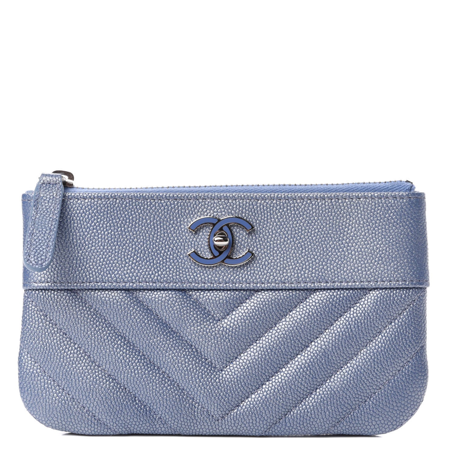 Chanel Metallic Caviar Chevron Quilted Small Vintage Mademoiselle Cosmetic Case Blue 1 of 7