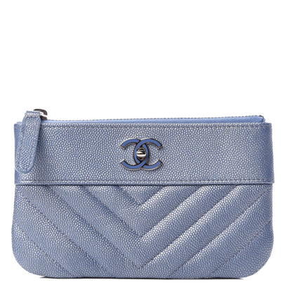 Chanel Metallic Caviar Chevron Quilted Small Vintage Mademoiselle Cosmetic Case Blue 1 of 7