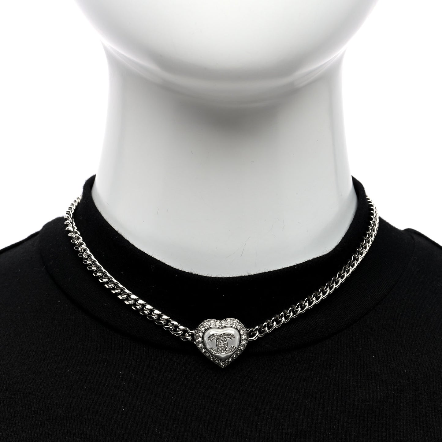Pearl Crystal CC Heart Choker Necklace Silver