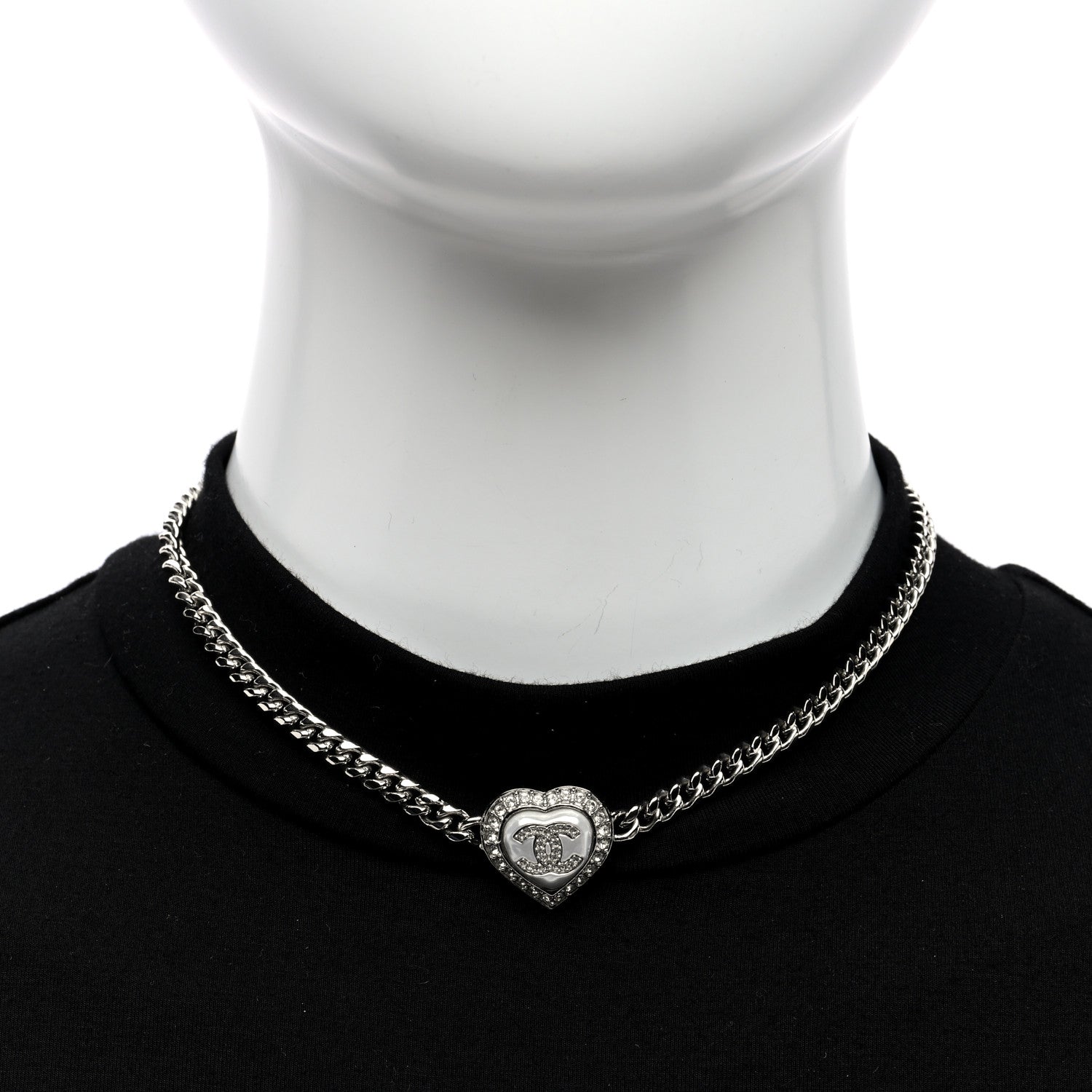 Chanel Pearl Crystal CC Heart Choker Necklace Silver 2 of 4