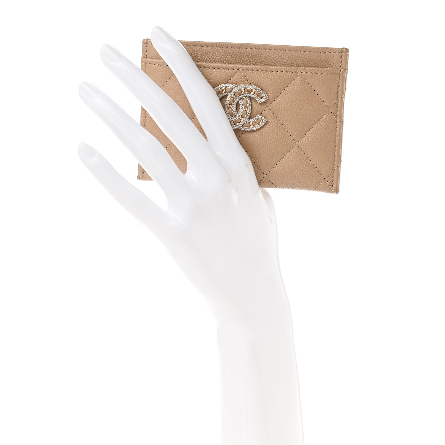 Caviar Quilted Crystal Card Holder Beige