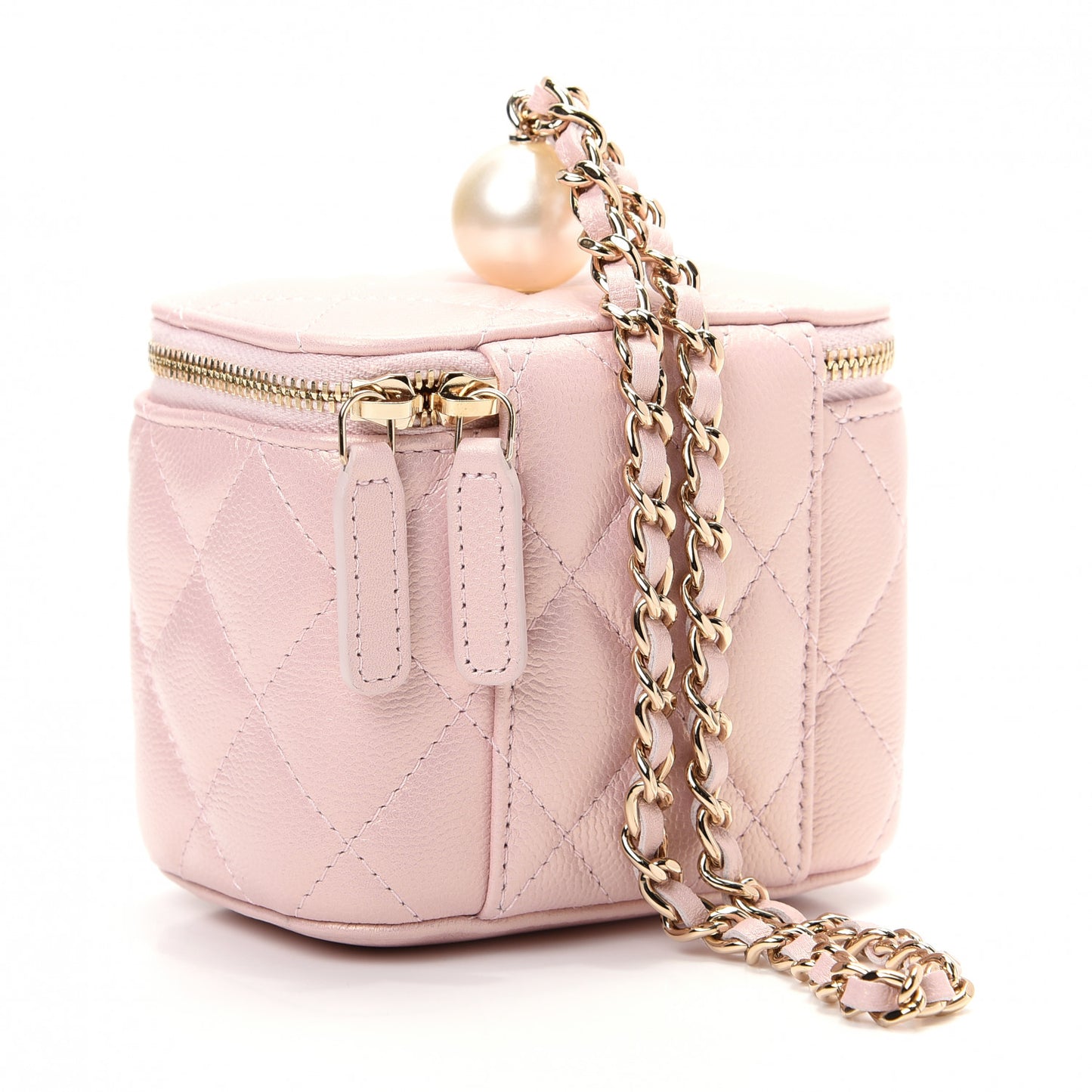 Iridescent Caviar Quilted Mini Pearl On Top Vanity Case With Chain Light Pink