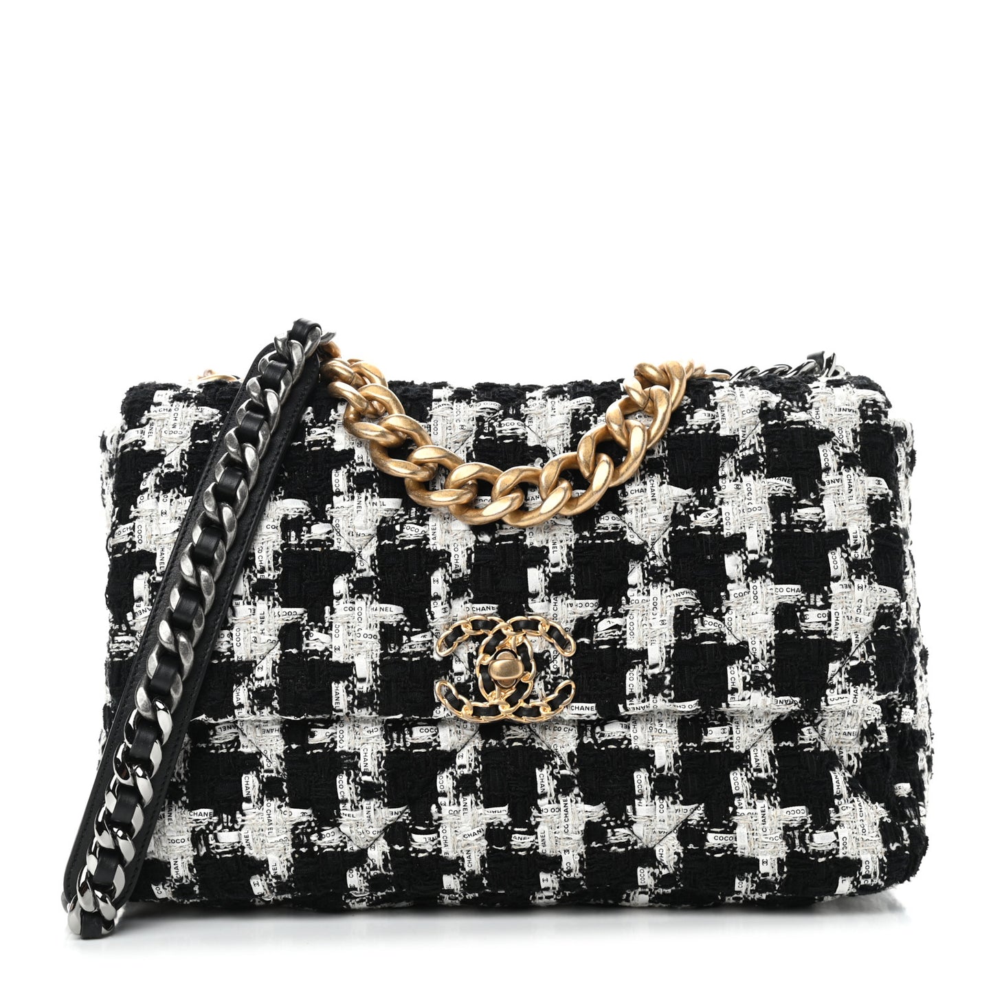 Tweed Quilted Large Chanel 19 Flap Black Ecru White
