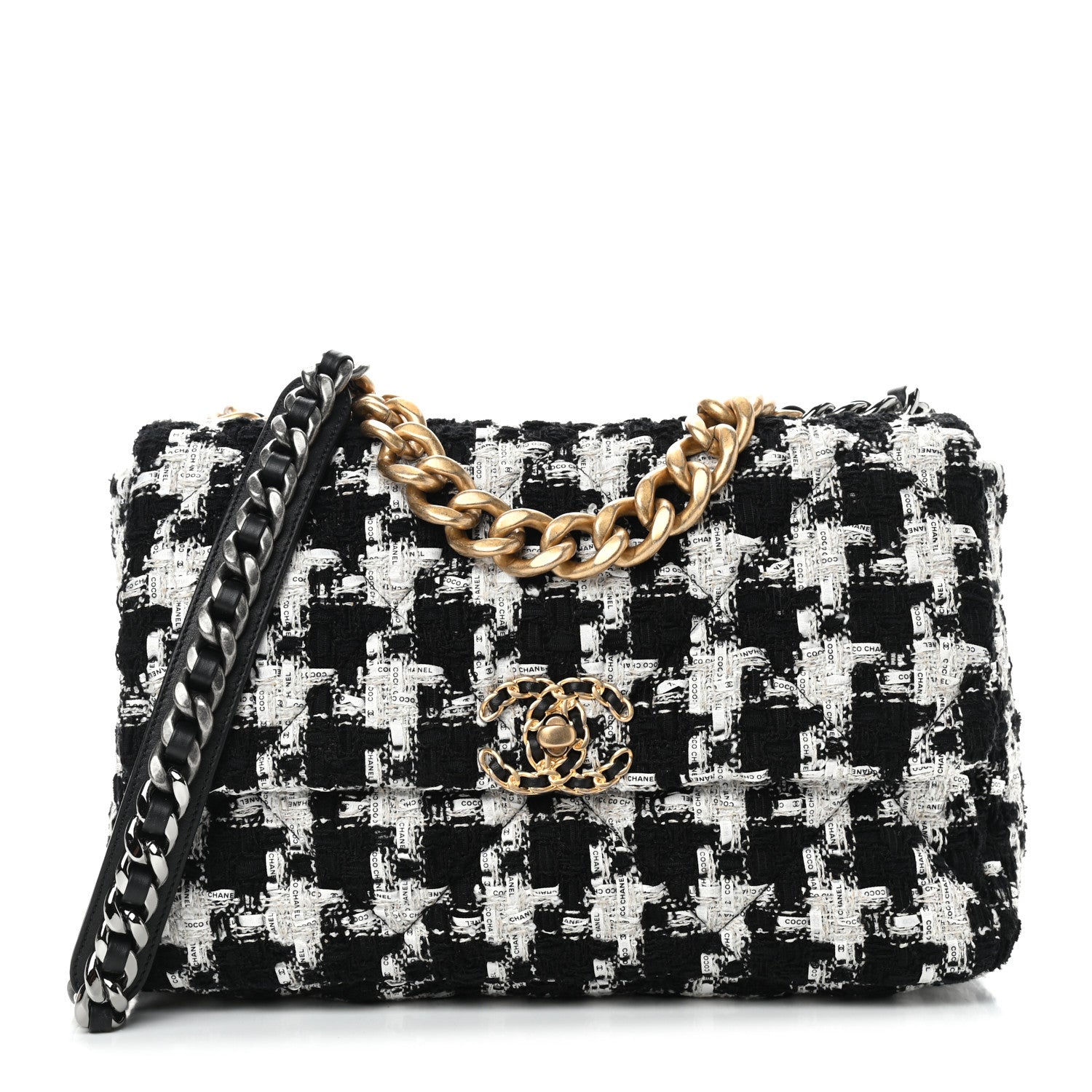 Chanel Tweed Quilted Large Chanel 19 Flap Black Ecru White 1 of 9