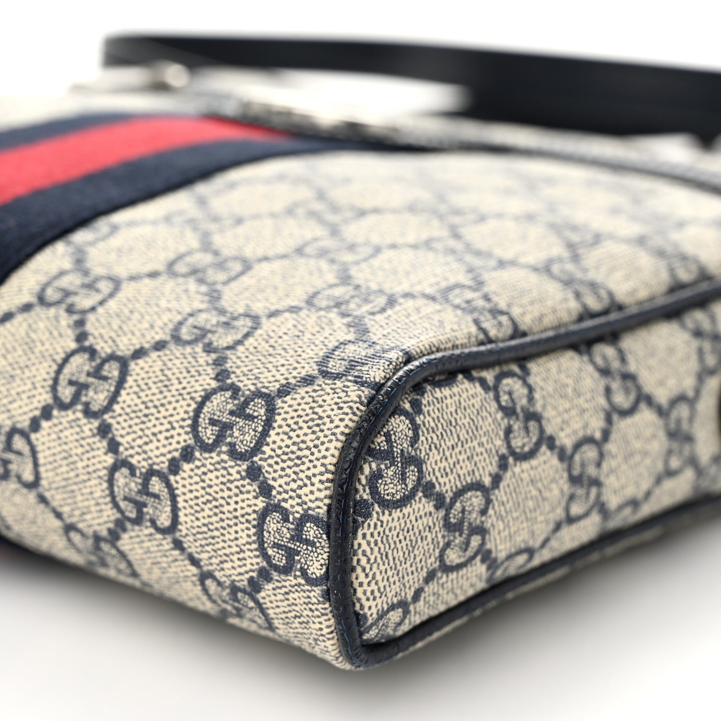 GG Supreme Monogram Textured Dollar Calfskin Web Small Ophidia Messenger Bag Beige Blue