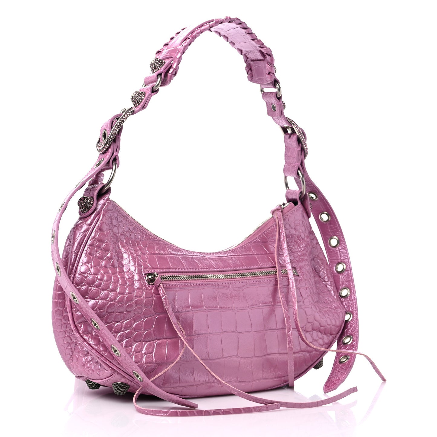 Metallic Extra Supple Calfskin Crystal Crocodile Embossed Small Le Cagole Shoulder Bag Pink