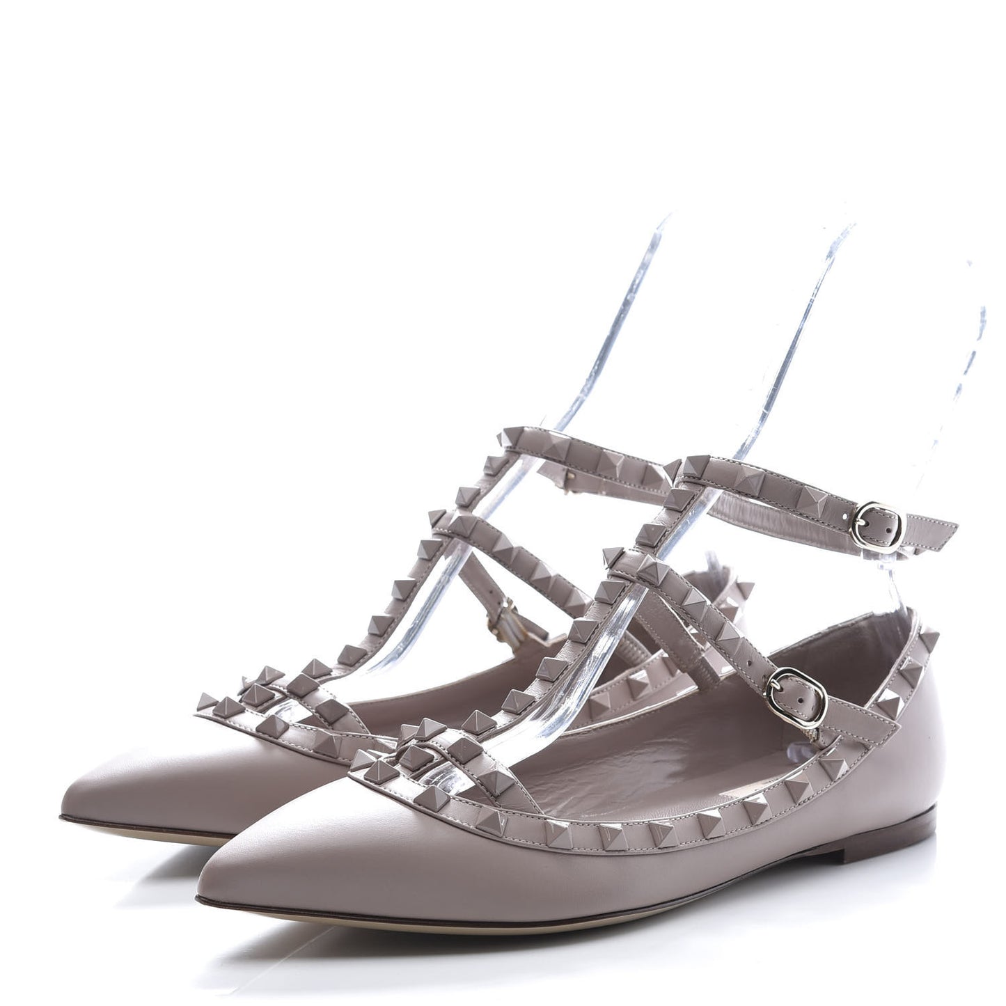 Calfskin Lacquered Monochrome Rockstud Cage Ballerina Flats 38.5 Poudre