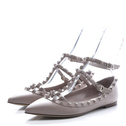 Valentino Garavani Calfskin Lacquered Monochrome Rockstud Cage Ballerina Flats 38.5 Poudre 3 of 8