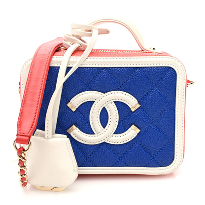 Chanel Caviar Quilted Small CC Filigree Vanity Case Blue White Red 1 of 11