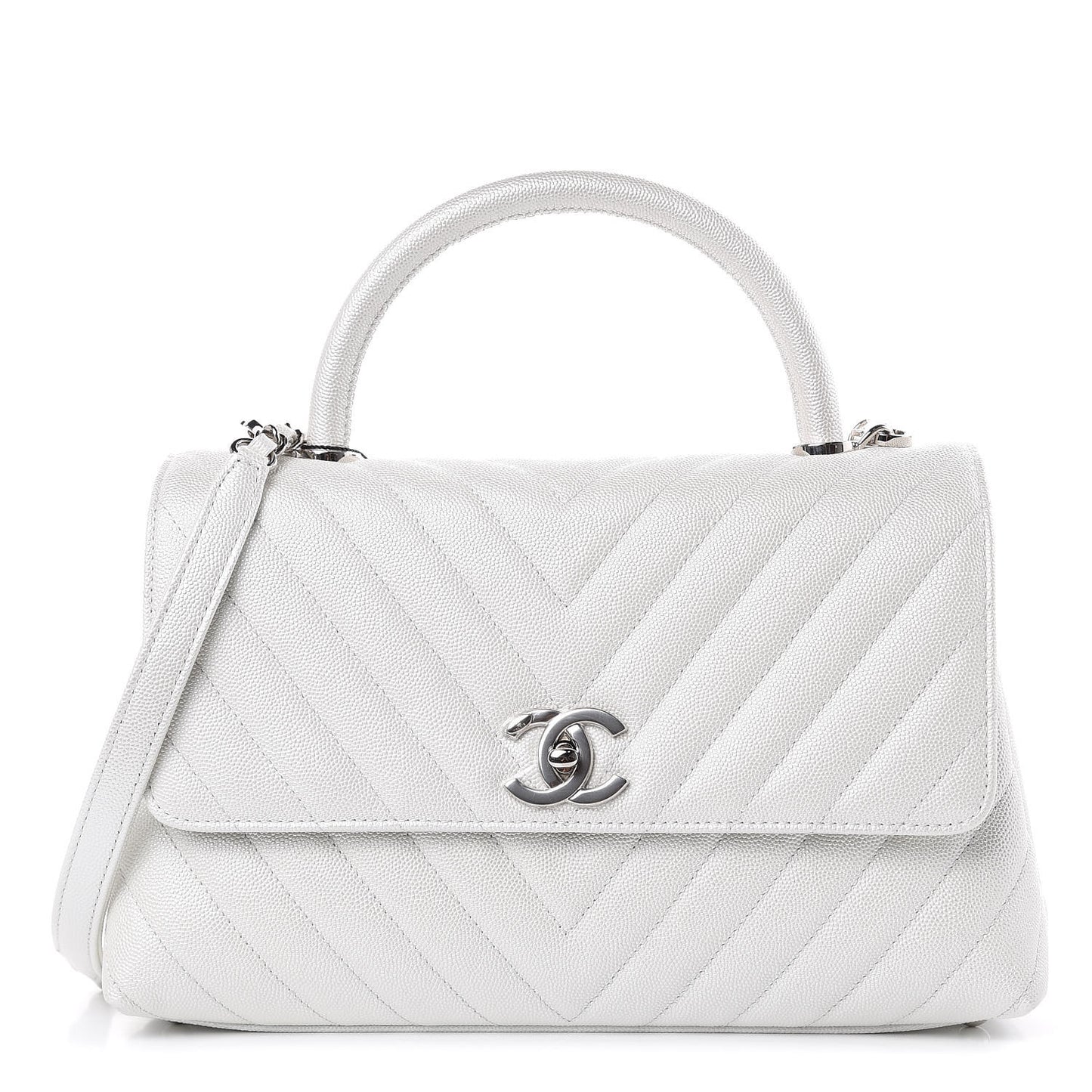 Iridescent Caviar Chevron Quilted Small Coco Handle Flap White