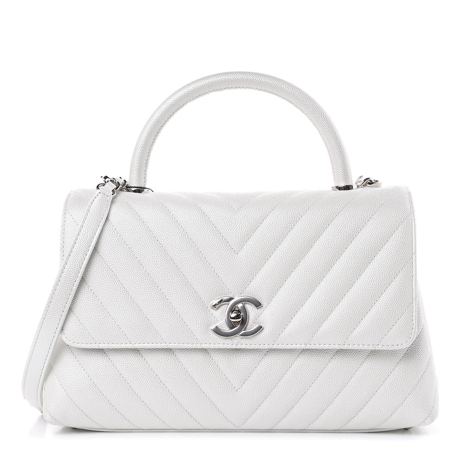 Chanel Iridescent Caviar Chevron Quilted Small Coco Handle Flap White 1 of 10