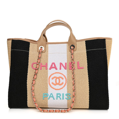 Chanel Straw Raffia Calfskin Striped Large Deauville Tote Black Beige Ivory 1 of 9