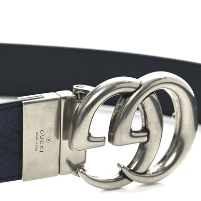 Gucci GG Supreme Monogram Plutone Calfskin Palladium Double G Reversible 37mm Belt 110 44 Black Blue 5 of 6