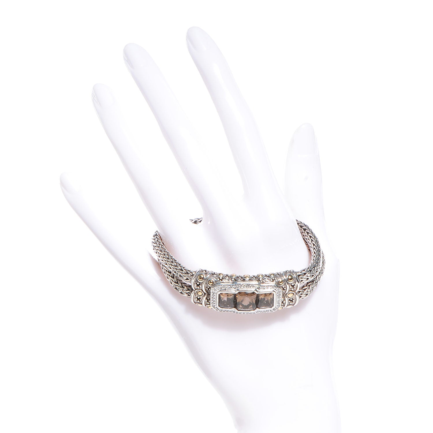 John Hardy Sterling Silver 18K Gold Smoky Quartz Diamond Batu Sari Large Station Bracelet 2 of 7
