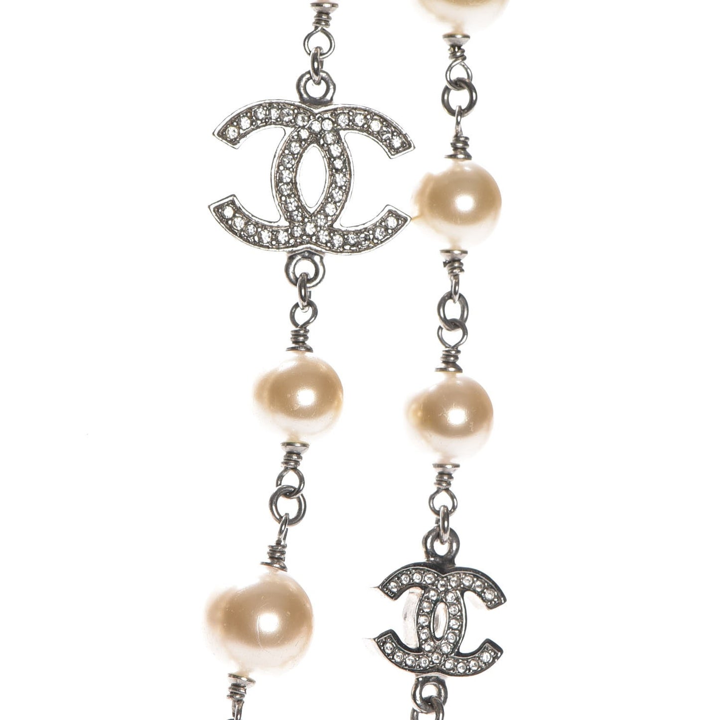 Crystal Pearl CC Long Necklace Silver