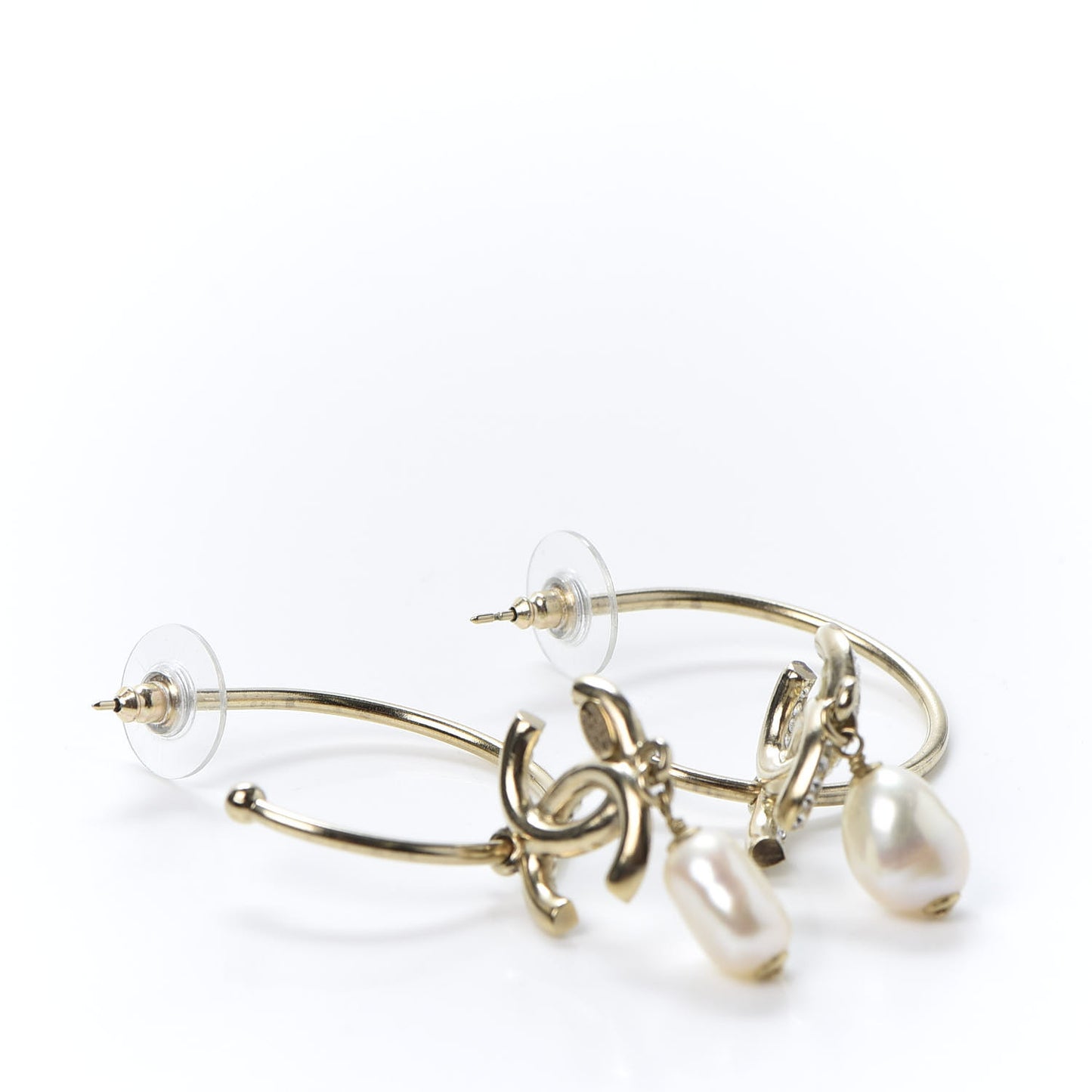 Crystal Pearl CC Drop Hoop Earrings Gold