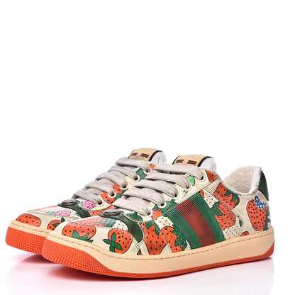 Gucci Nubuck Web Strawberry Print Womens Screener Sneakers 35.5 Dusty Milk White Vintage Green 3 of 10