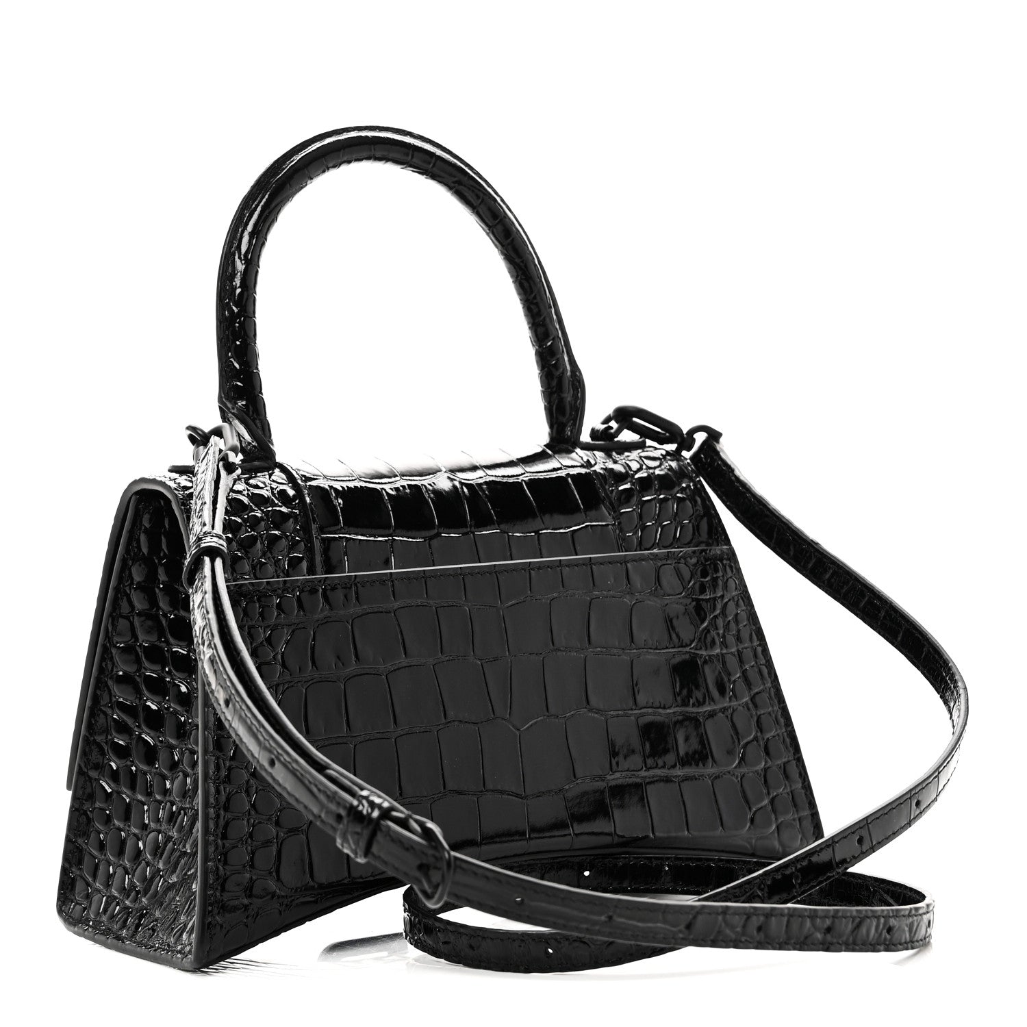 Balenciaga Shiny Calfskin Monochrome Crocodile Embossed Small Hourglass Top Handle Bag Black 3 of 10