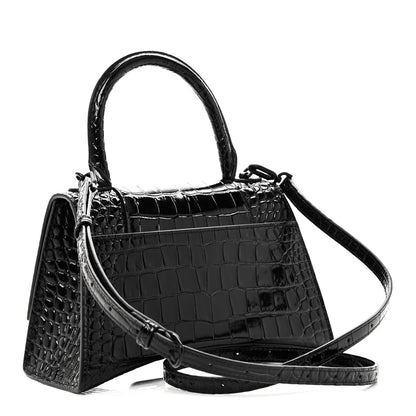 Balenciaga Shiny Calfskin Monochrome Crocodile Embossed Small Hourglass Top Handle Bag Black 3 of 10