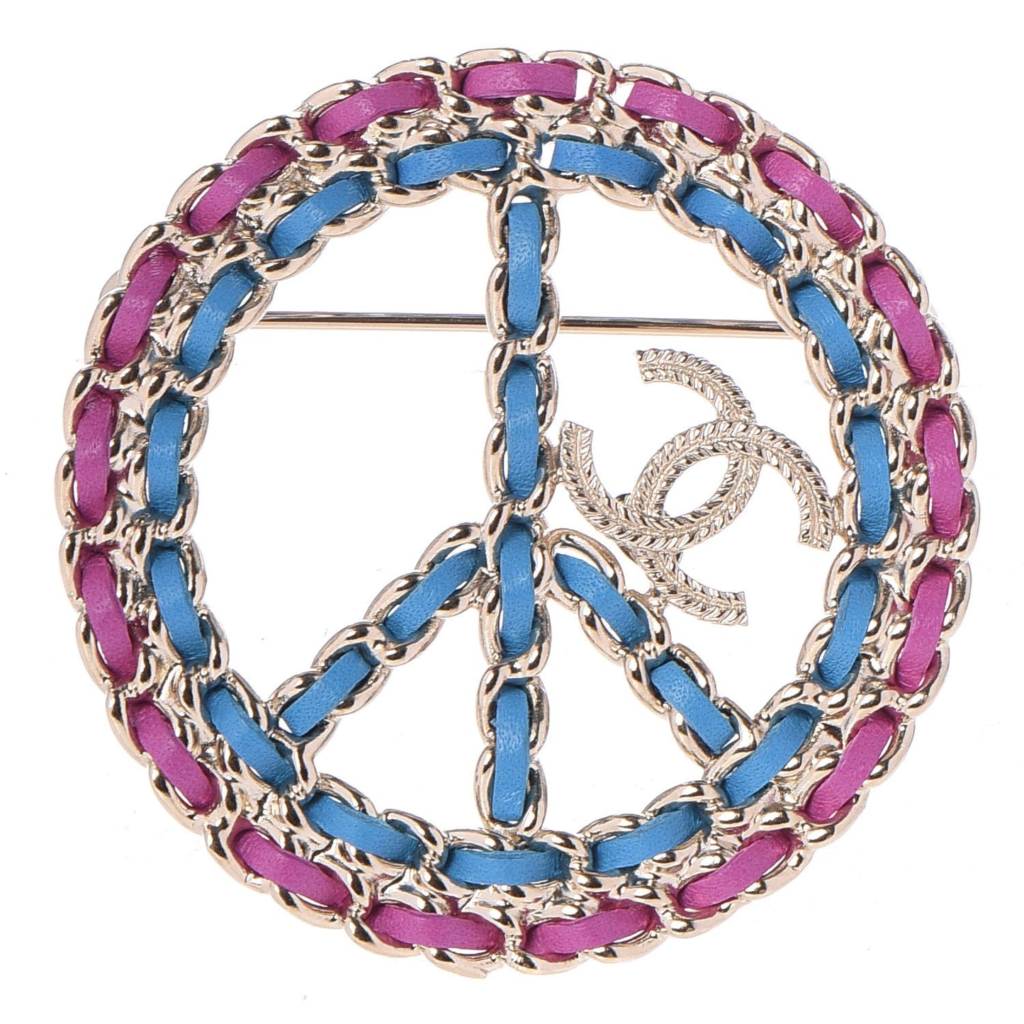 Metal Calfskin Braided Peace Sign CC Brooch Blue Purple Gold