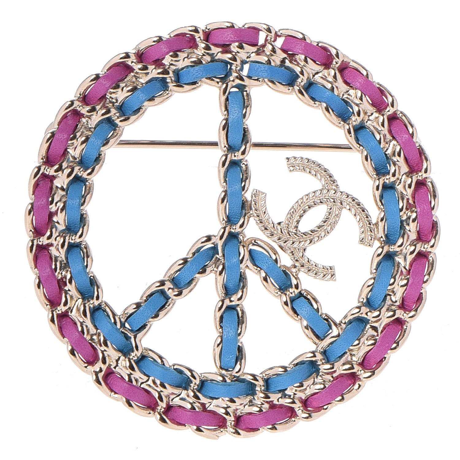 Chanel Metal Calfskin Braided Peace Sign CC Brooch Blue Purple Gold 1 of 6