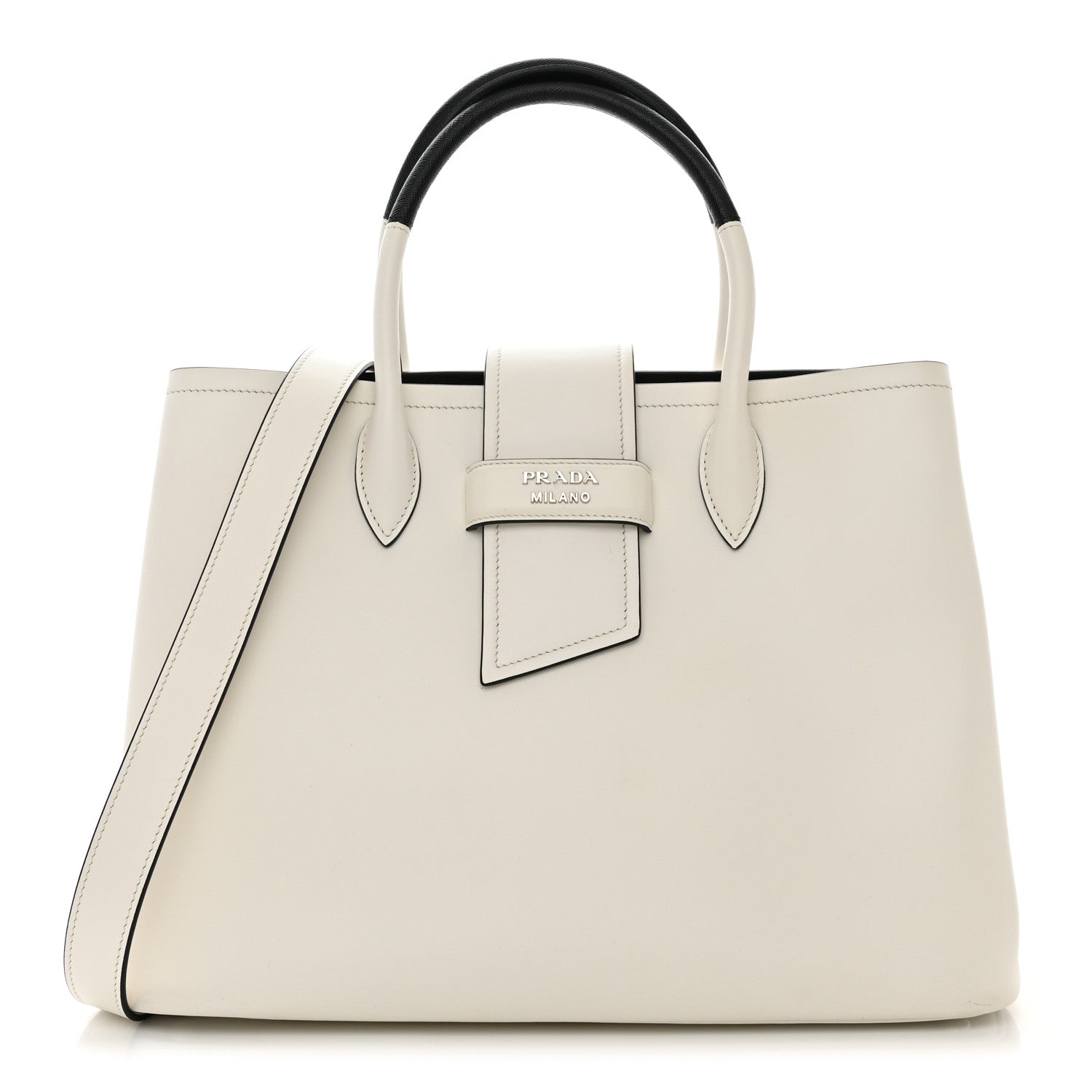 Prada Soft Calfskin Ribbon Tote White Black 1421618 – FASHIONPHILE