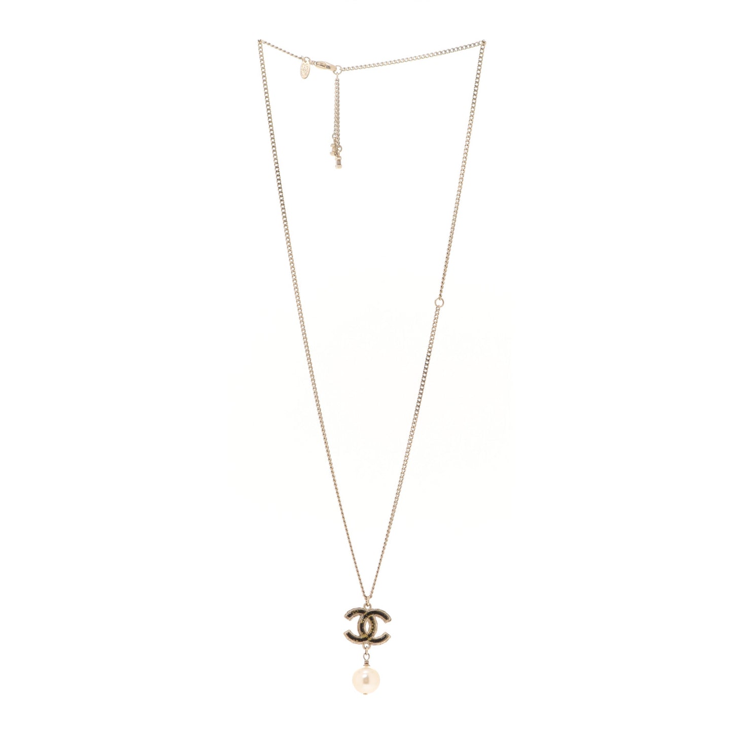 Enamel Pearl CC Baroque Drop Necklace Black Gold