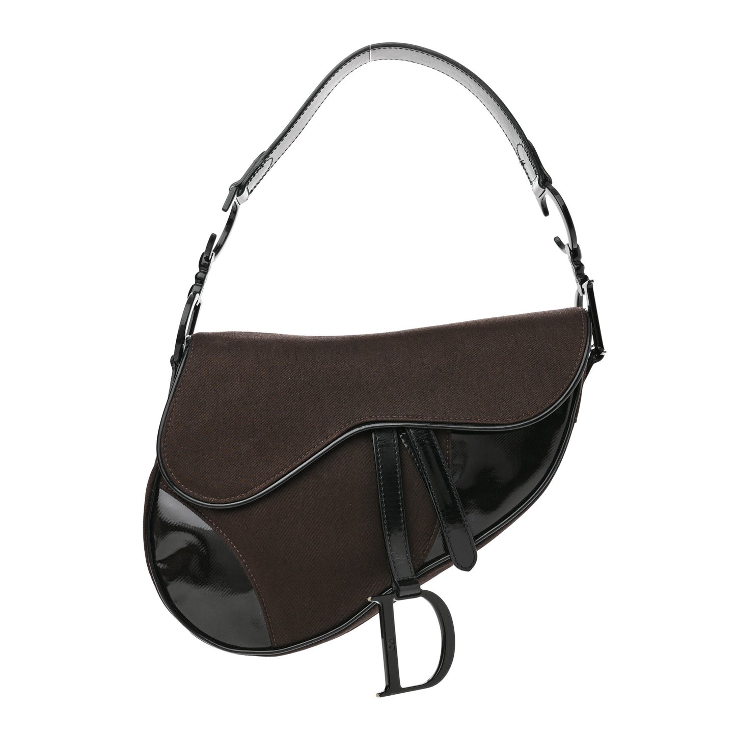 Canvas Patent Calfskin Saddle Bag Brown Black