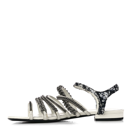Chanel Tweed Chain Flat Sandals 37 White 1 of 12