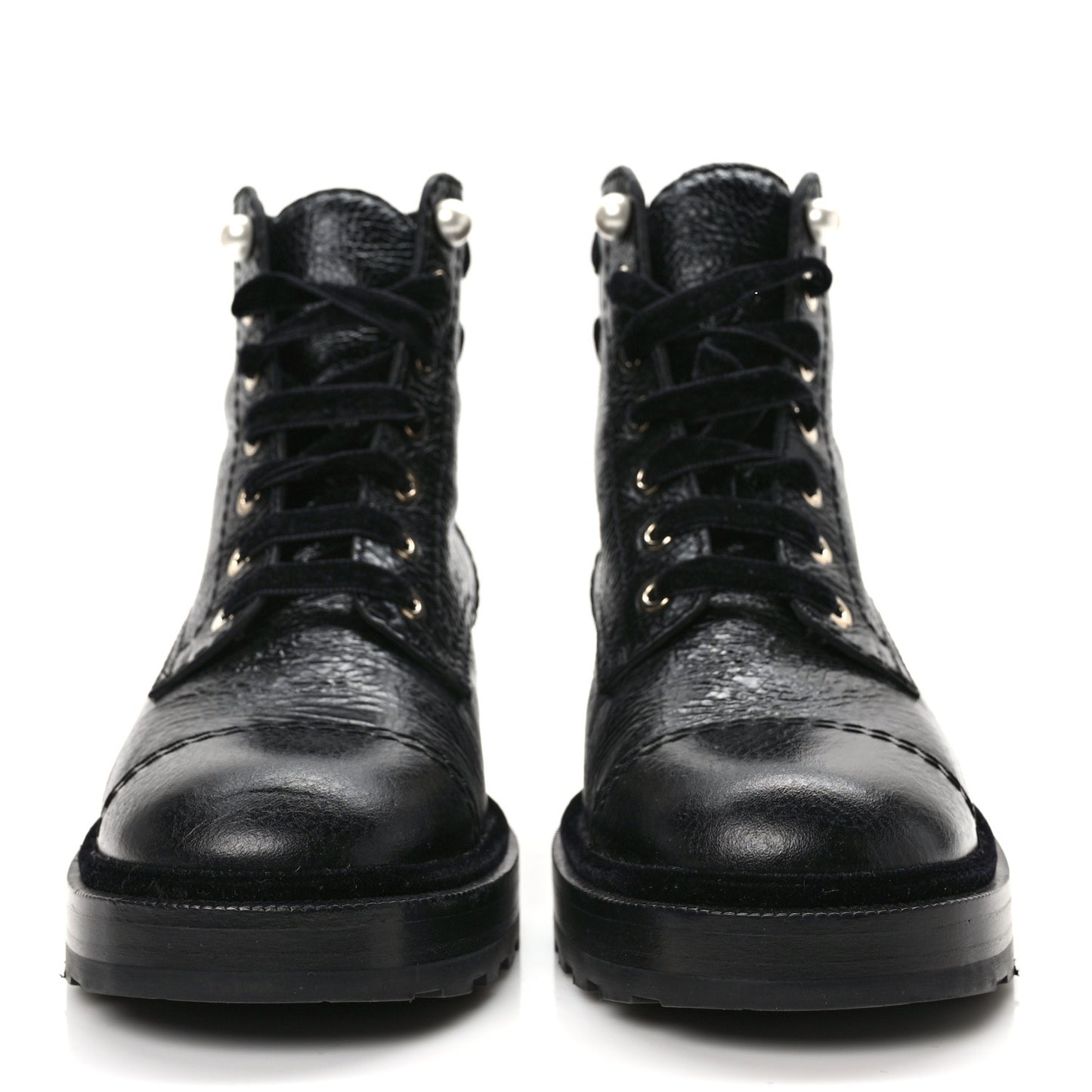 Shiny Calfskin Velvet Pearl Combat Short Boots 38.5 Black