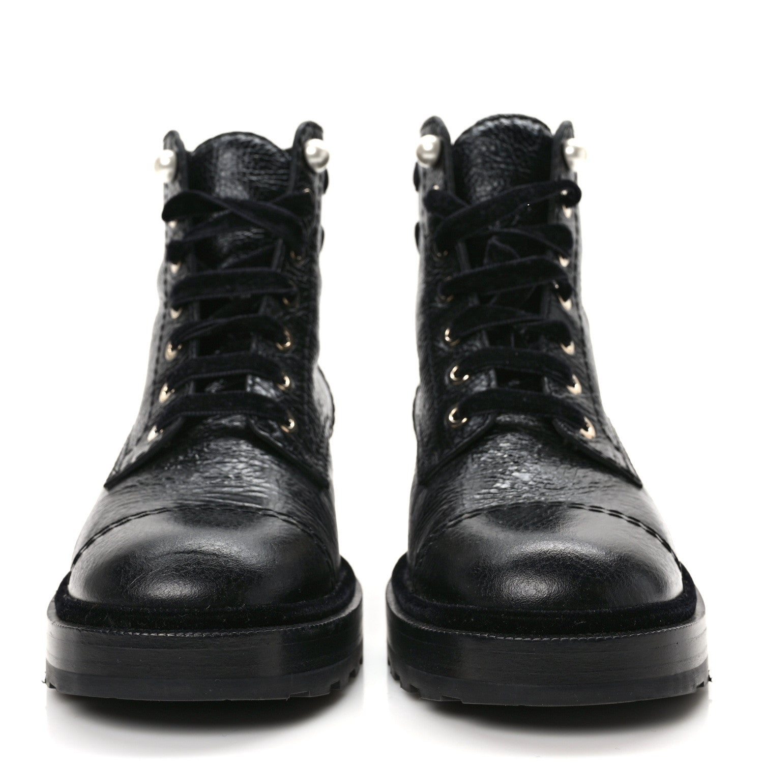 Chanel Shiny Calfskin Velvet Pearl Combat Short Boots 38.5 Black 2 of 9
