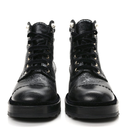 Chanel Shiny Calfskin Velvet Pearl Combat Short Boots 38.5 Black 2 of 9