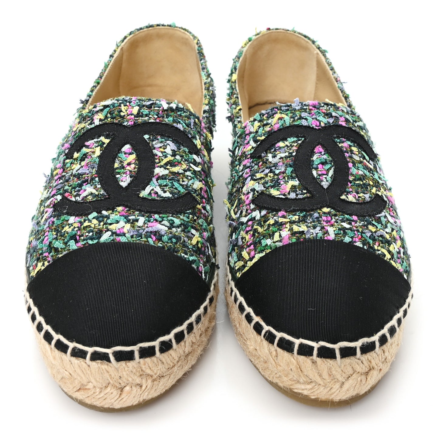 Tweed Grosgrain CC Espadrilles 39 Green Pink Yellow Black