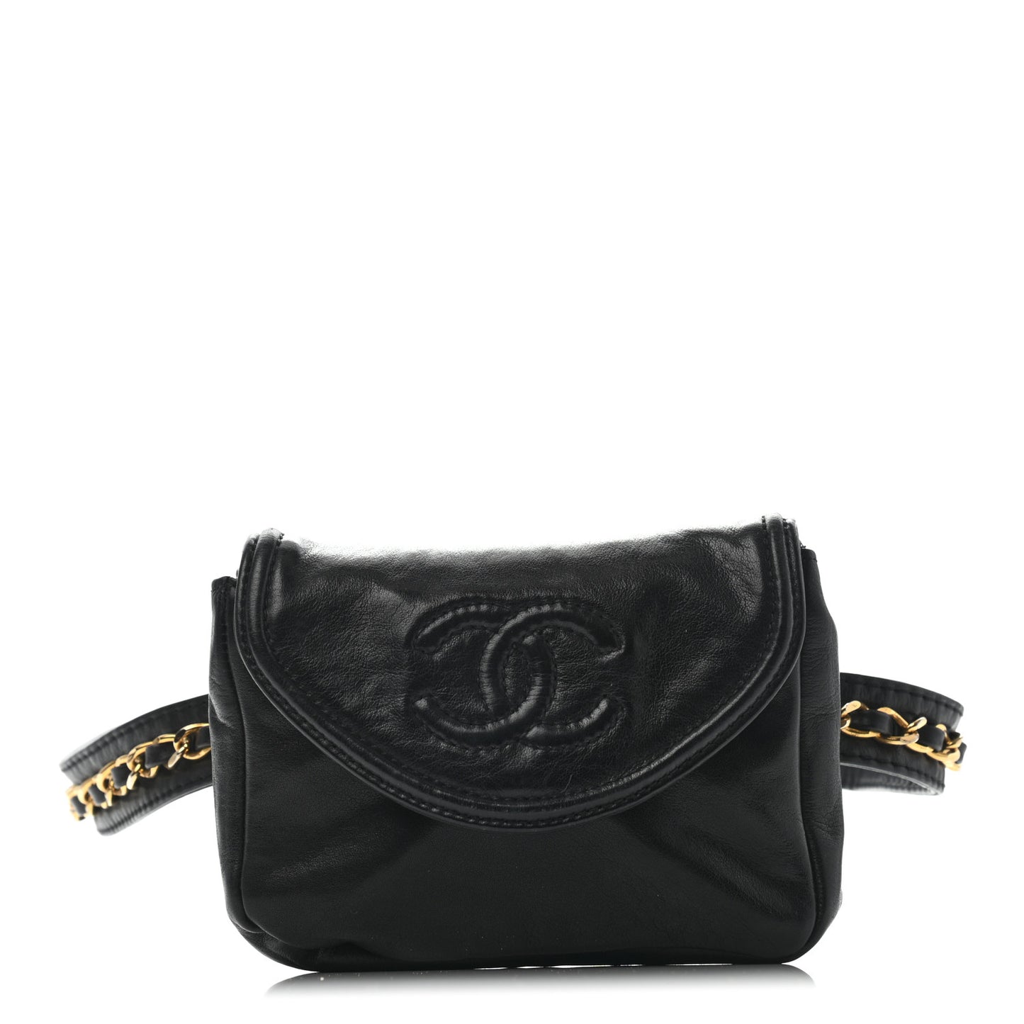 Lambskin CC Flap Waist Chain Belt Bag Black