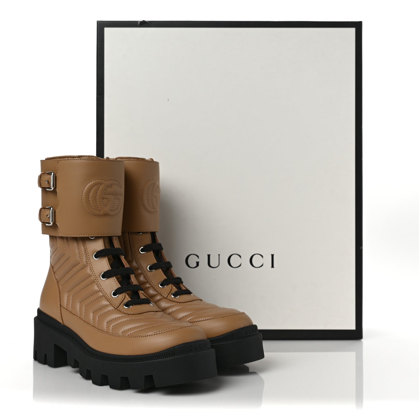Nappa Frances GG Matelasse Platform Combat Boots 37 Natural Tan