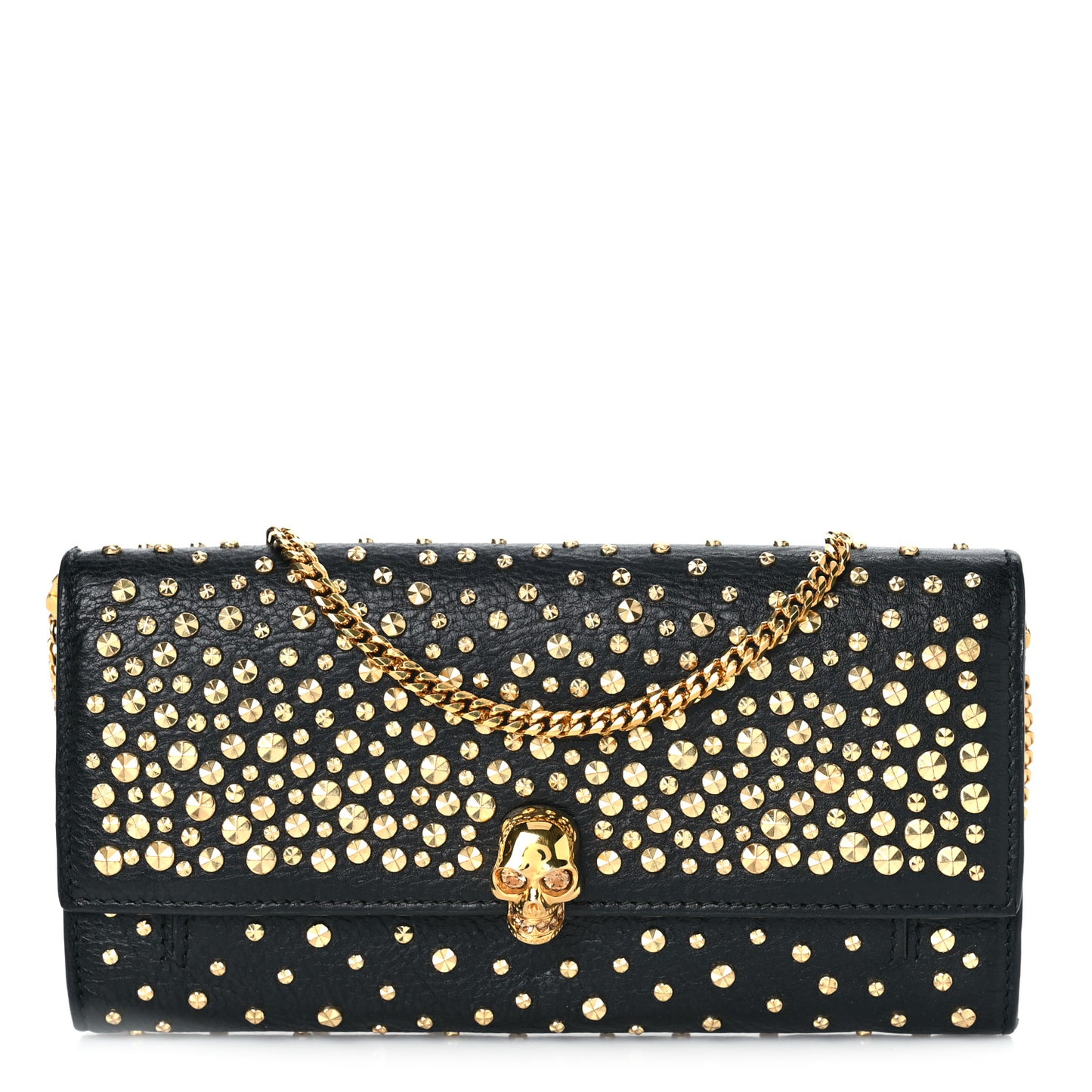 Calfskin Studded Skull Wallet on Chain Black