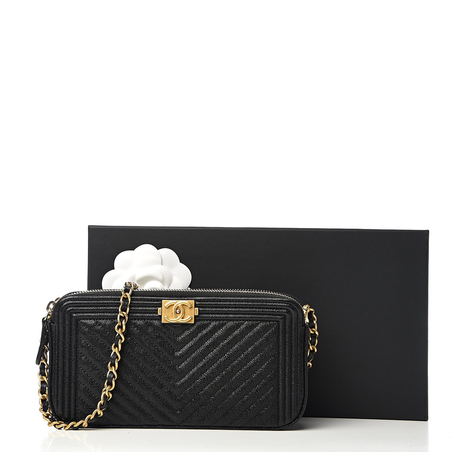 Caviar Chevron Small Boy Clutch With Chain Black