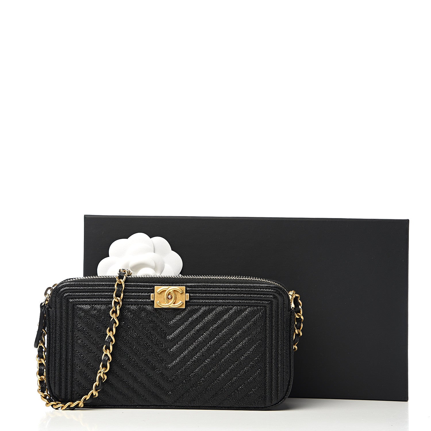 Chanel Caviar Chevron Small Boy Clutch With Chain Black 10 of 10