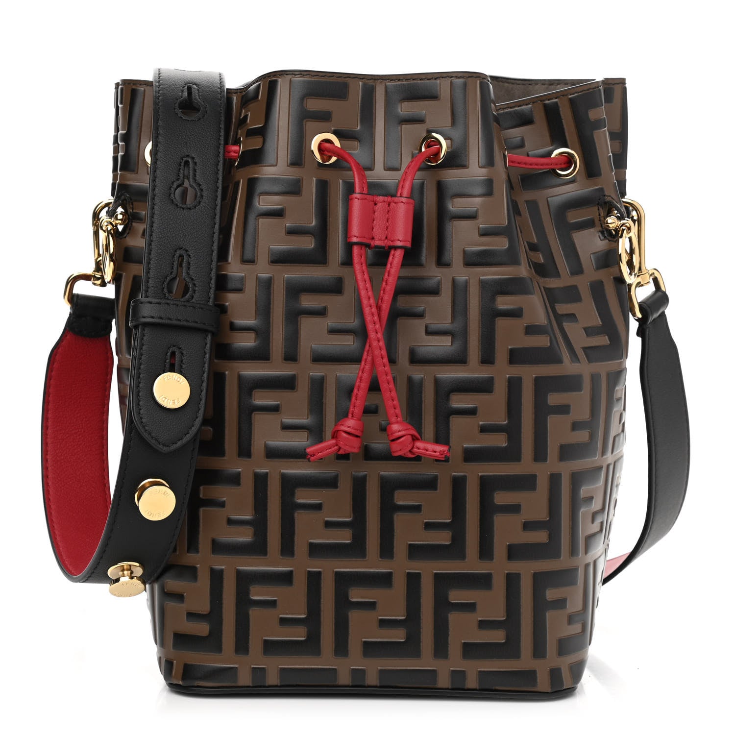 Fendi Vitello Grace F is Fendi Bi-Color FF 1974 Embossed Grande Mon Tresor Bucket Bag Maya Black Fragola 1 of 12