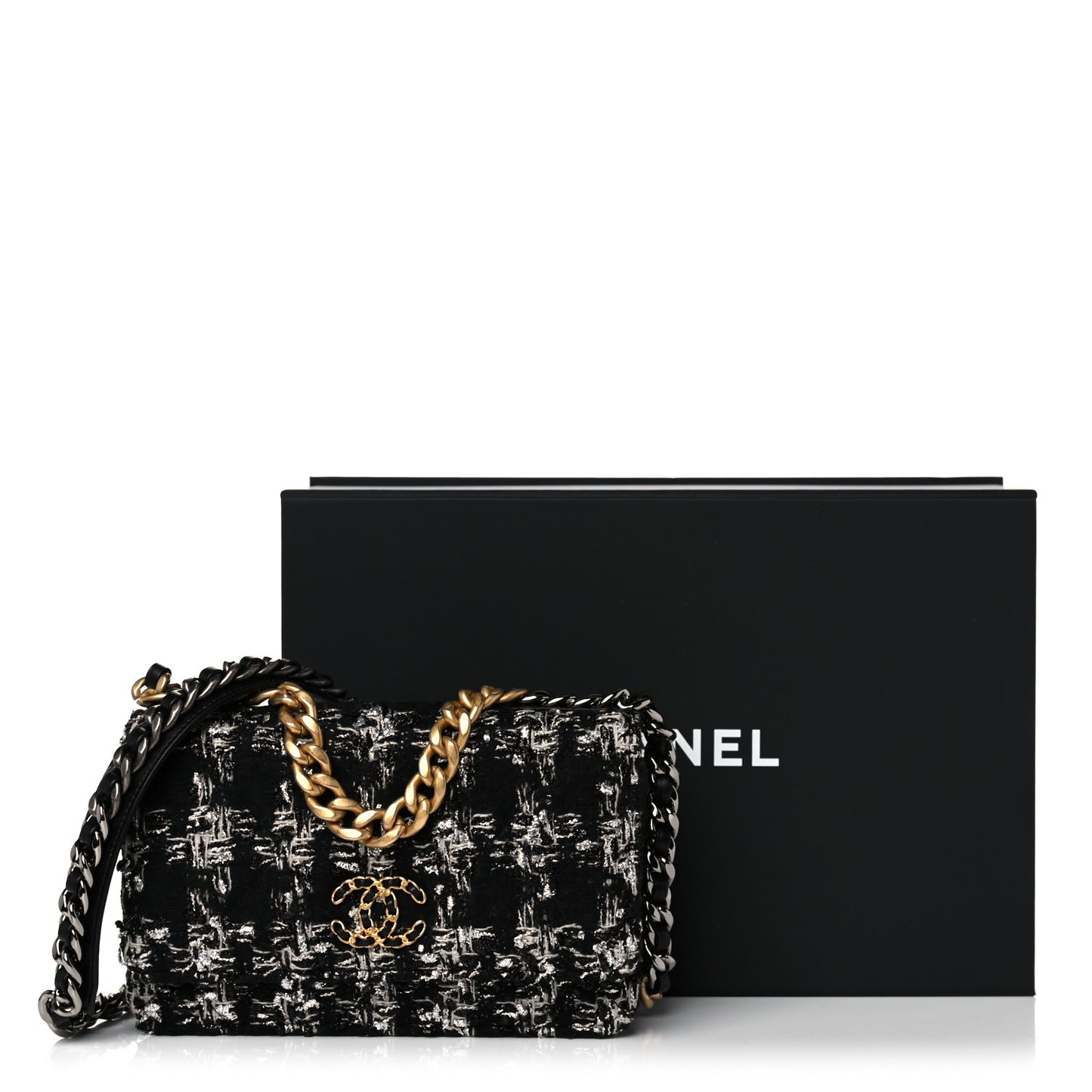 Tweed Quilted Chanel 19 Wallet On Chain WOC Black Silver Ecru