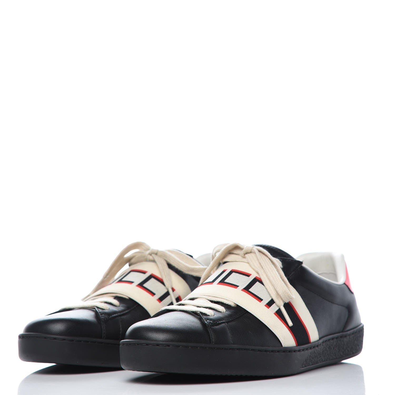 Gucci Calfskin Stripe Mens New Ace Sneakers 8 Black Ecru Red Flame 3 of 10