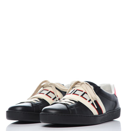 Gucci Calfskin Stripe Mens New Ace Sneakers 8 Black Ecru Red Flame 3 of 10