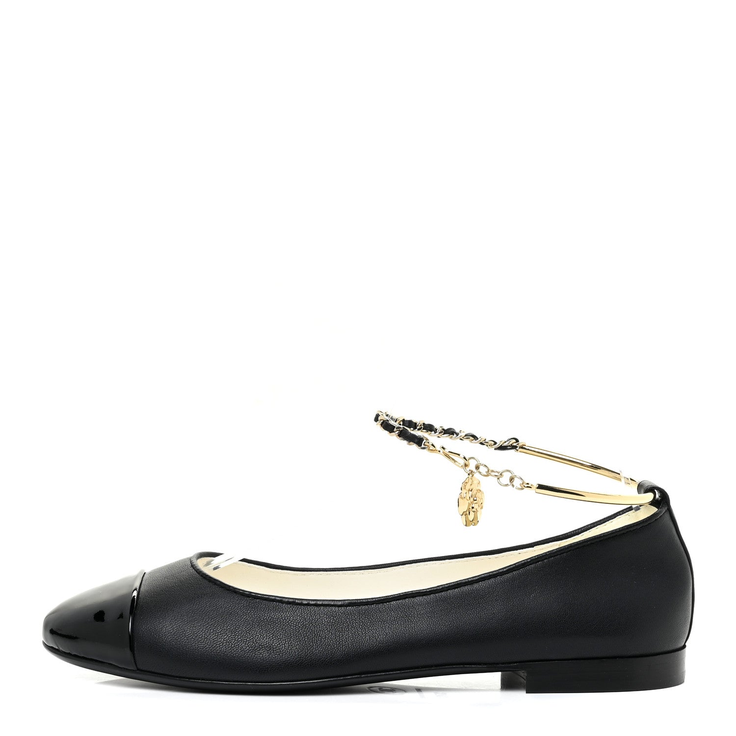 Chanel Lambskin Patent Calfskin Cap Toe Ankle Chain Ballerina Flats 37 Black 1 of 12