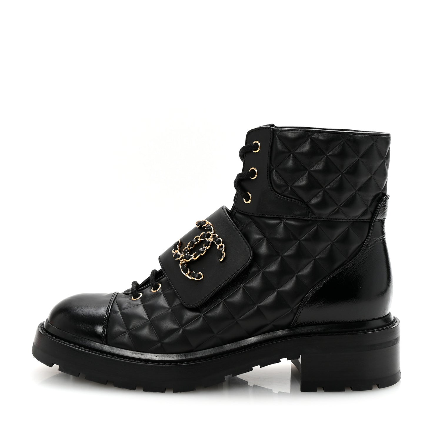 Shiny Calfskin Quilted Lace Up Combat Boots 40.5 Black