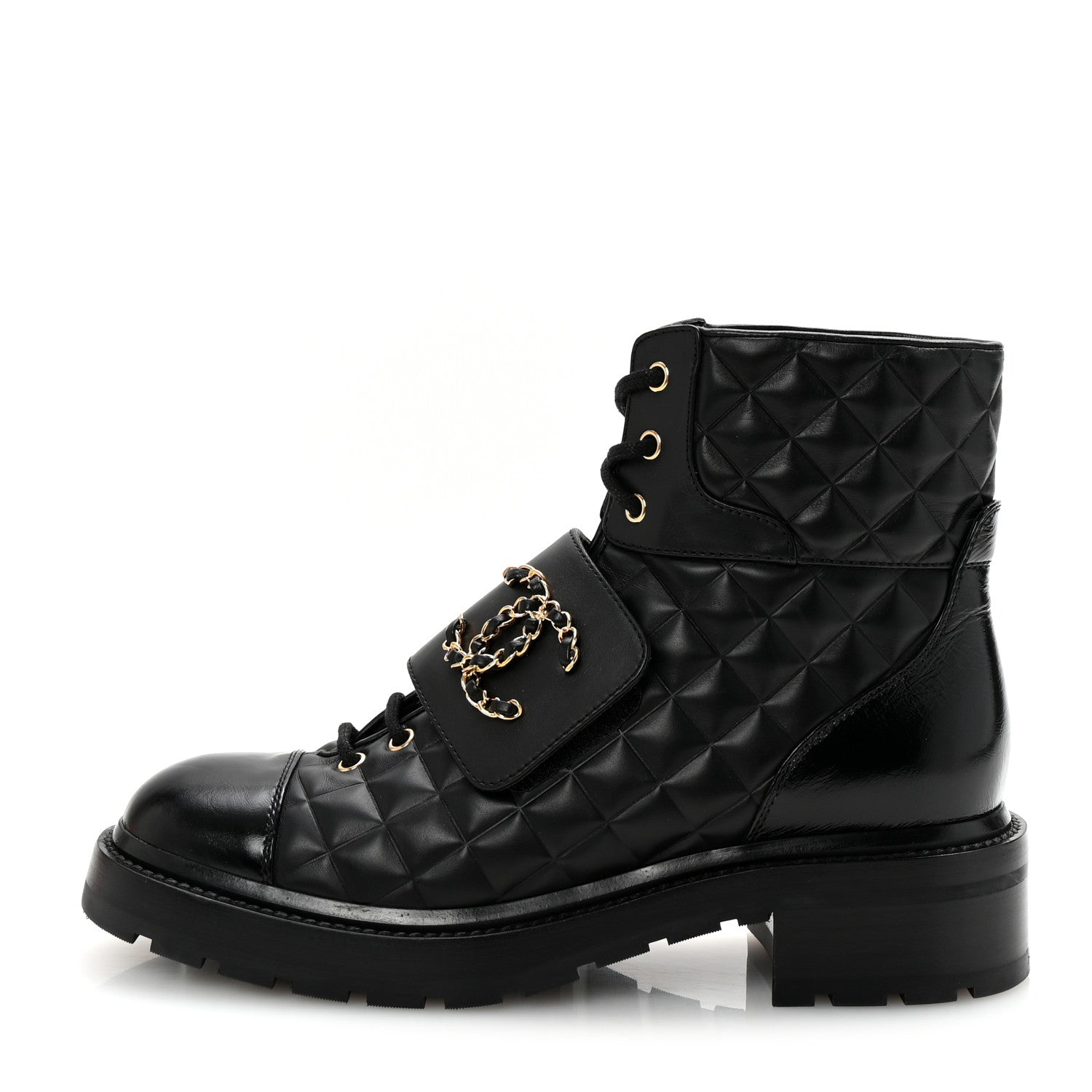 Chanel Shiny Calfskin Quilted Lace Up Combat Boots 40.5 Black 1 of 10