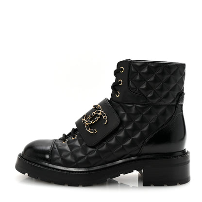Chanel Shiny Calfskin Quilted Lace Up Combat Boots 40.5 Black 1 of 10