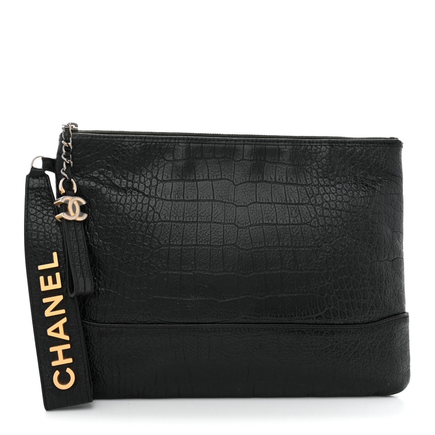 Chanel Calfskin Crocodile Embossed Quilted Medium Gabrielle Cosmetic Case Black 1 of 7