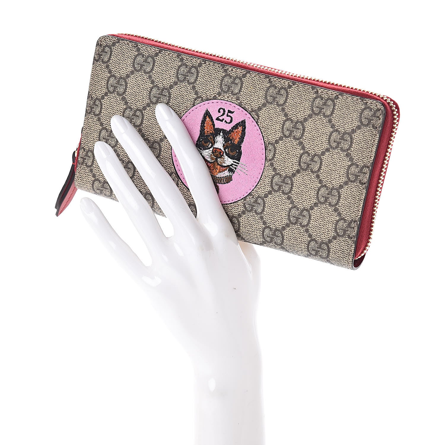 Gucci GG Supreme Monogram Bosco Patch Zip Around Wallet Beige Malva Hibiscus Red 2 of 7