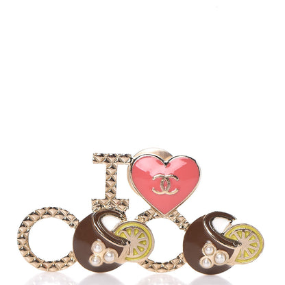 Chanel Metal Resin Pearl I Love Coco Brooch Gold Brown Pink 1 of 5